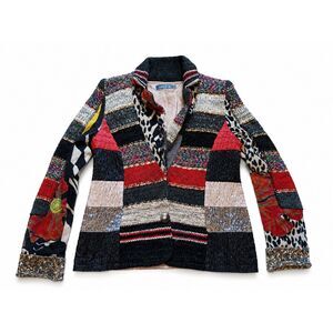 Lulu H Women’s Medium Patchwork Knit Jacket Cardigan Black‎ Red Snap Front